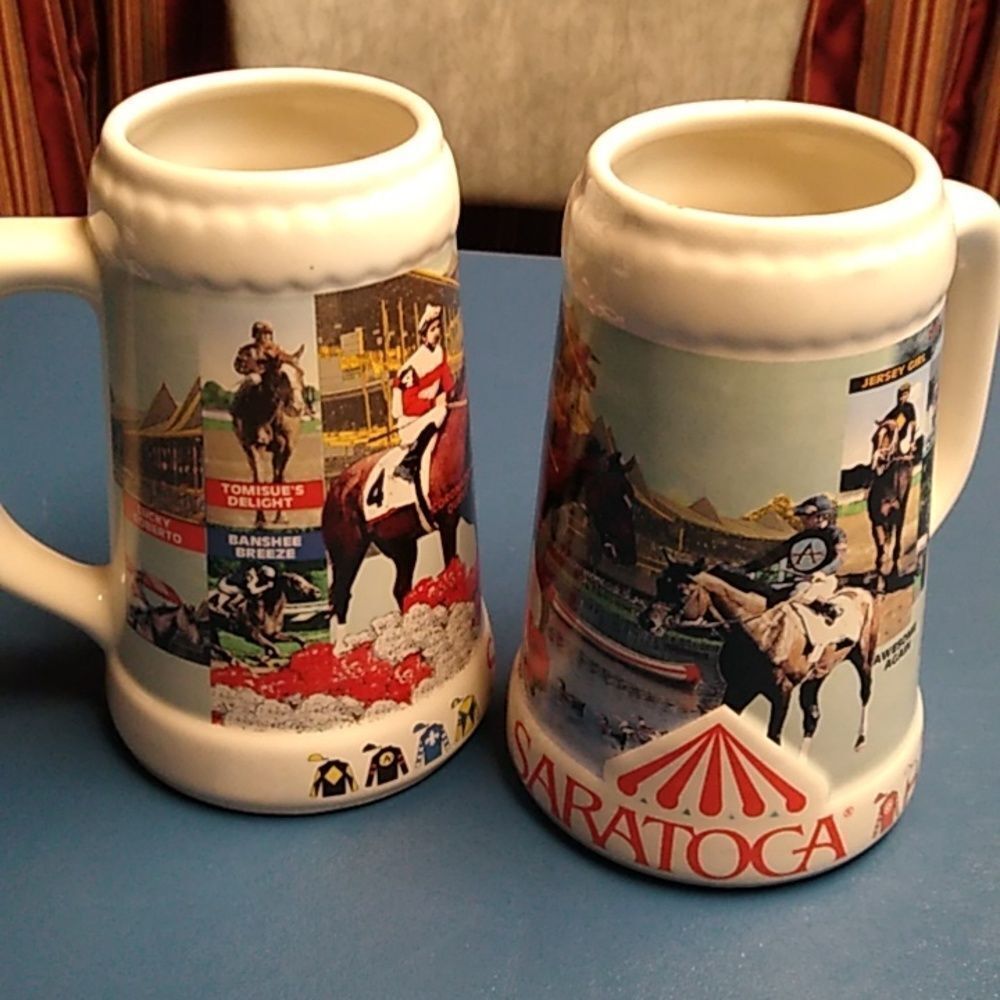 NYRA Saratoga Springs 1998 Stein Horse Racing Equestrian Two Steins